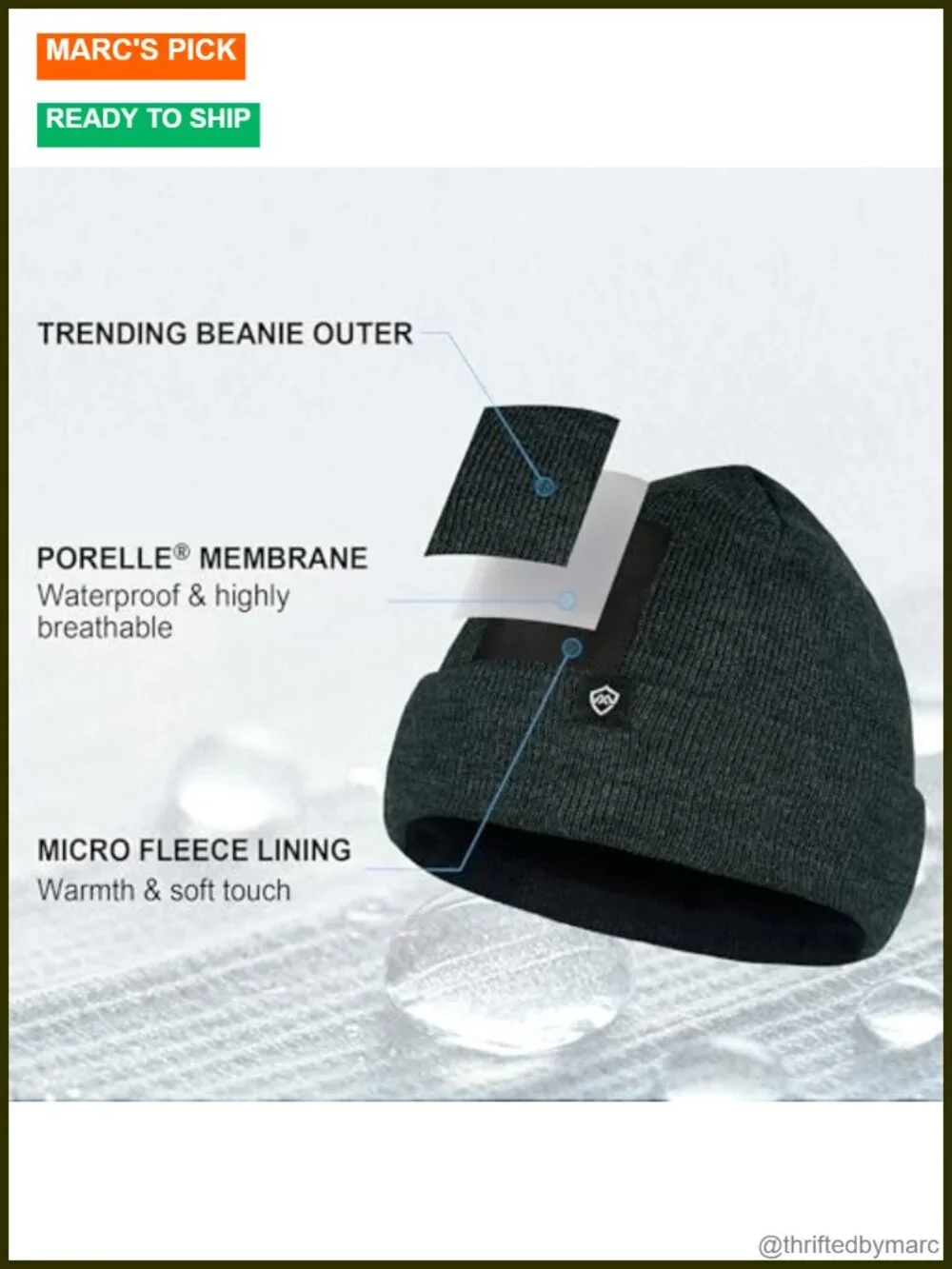 Waterproof Thermal Fleece-Lined Beanie Hat, Windproof Membrane